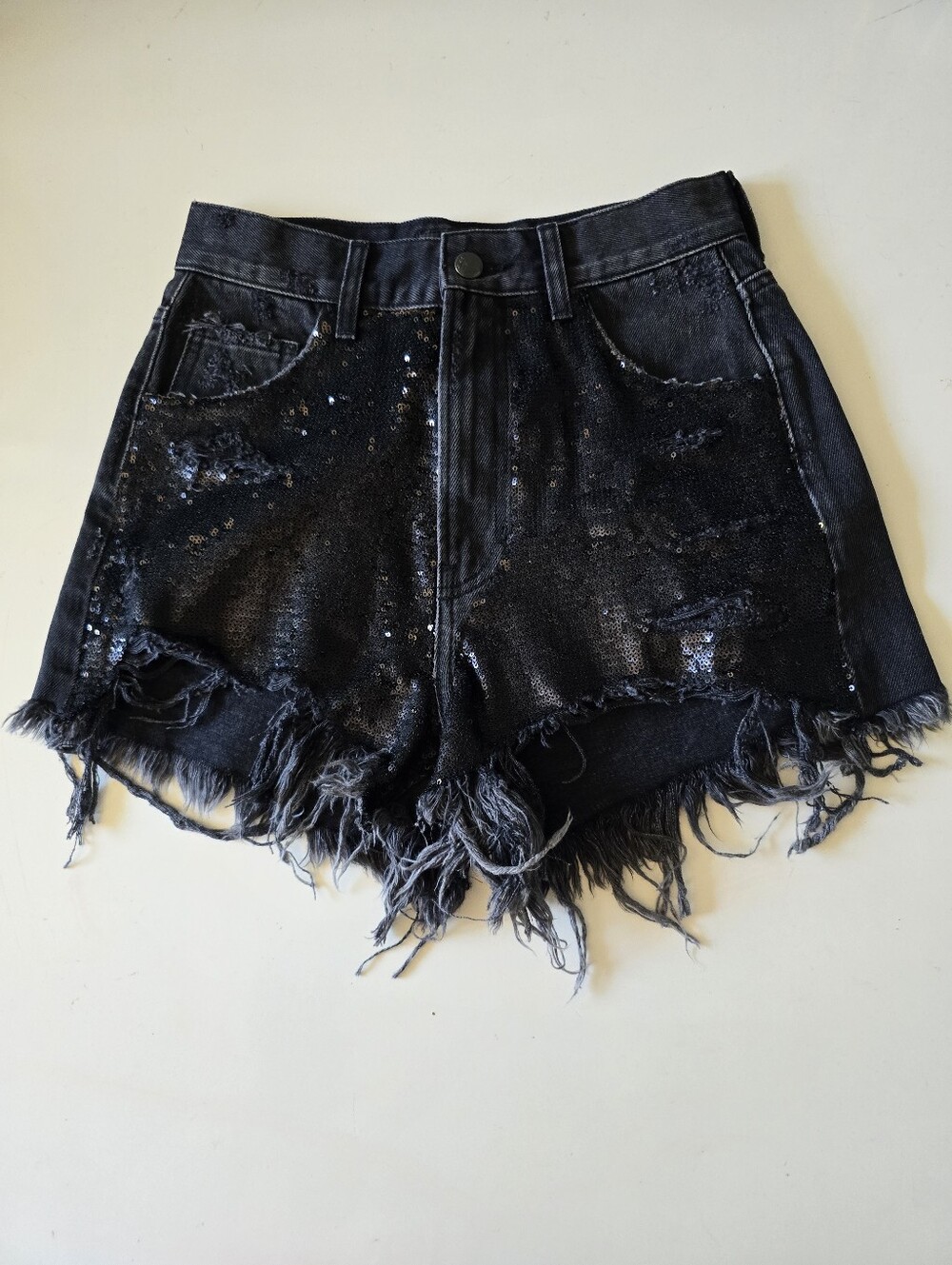 BAYKANLAR Black Distressed Sequin Denim Shorts Waist 26"